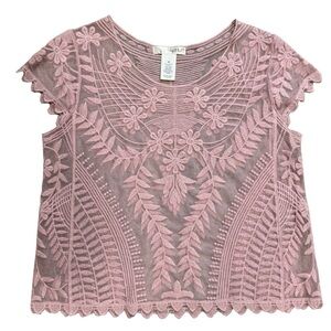 Say What? Sheer Lace Top Sz M Pink Embroidered Floral Tee Delicate Crochet NWOT